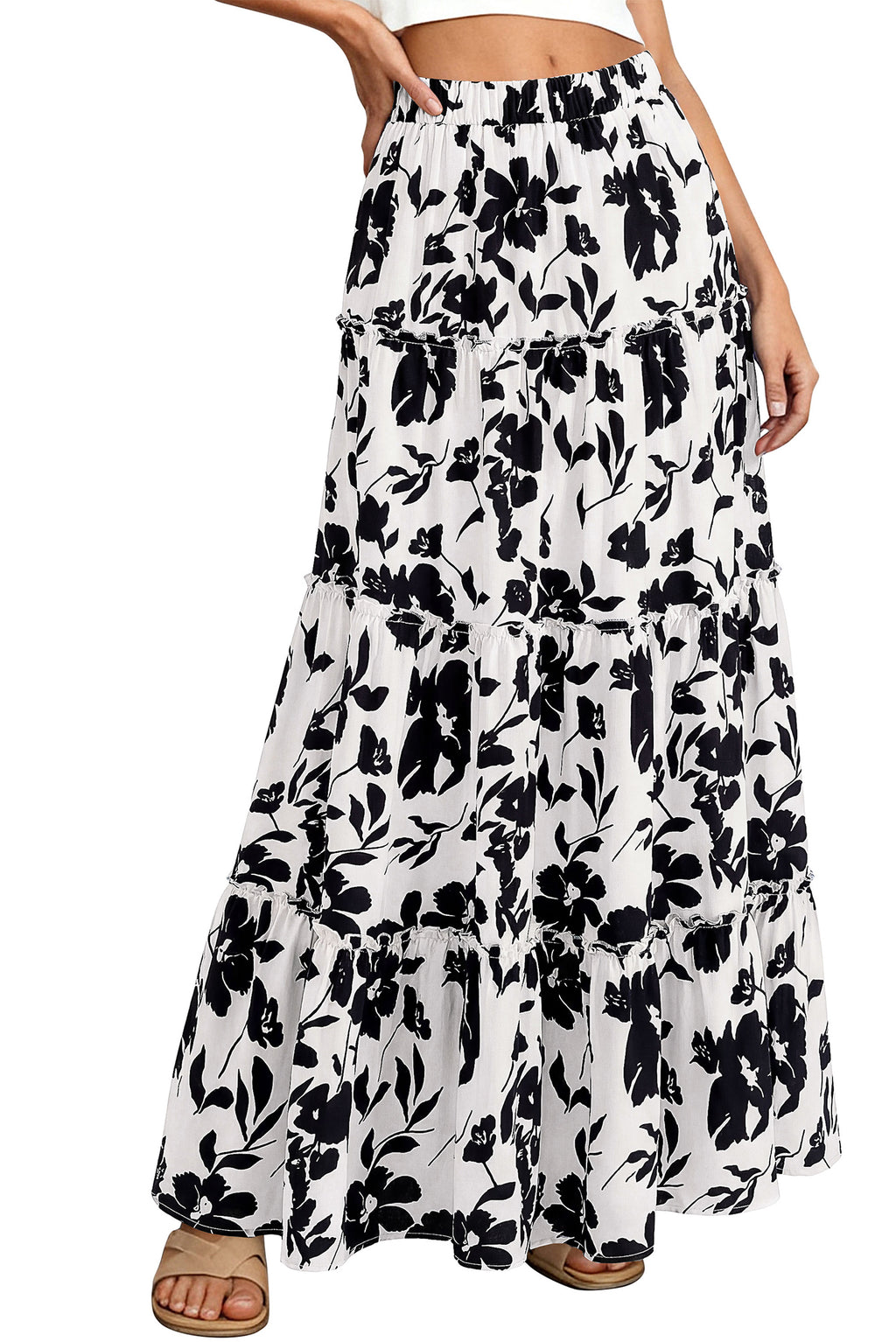 BTFBM Floral Maxi Skirts for Women Summer Spring 2026 Elastic Waist Tiered Flowy Beach Vacation Boho Midi Long Skirt