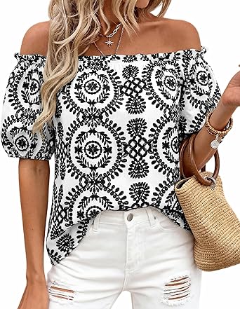 BTFBM Off The Shoulder Spring Tops for Women Summer Blouses Boho Floral Short Sleeve Shirts Dressy Casual Outfits 2026