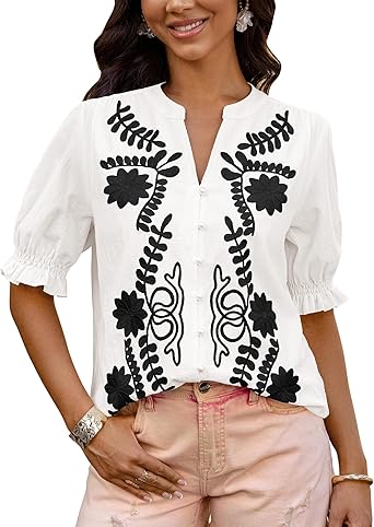 BTFBM Women's 2026 Spring Tops Casual Floral Boho V Neck Puff Short Sleeve Button Down Shirts Embroidered Blouses Tunic