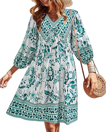 BTFBM Women Casual Spring Summer Dresses V Neck 3/4 Long Sleeve Ruffle Floral Flowy Boho Babydoll Mini Short Beach Dress