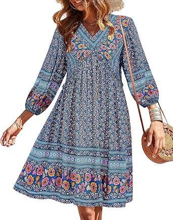 BTFBM Women Casual Spring Summer Dresses V Neck 3/4 Long Sleeve Ruffle Floral Flowy Boho Babydoll Mini Short Beach Dress