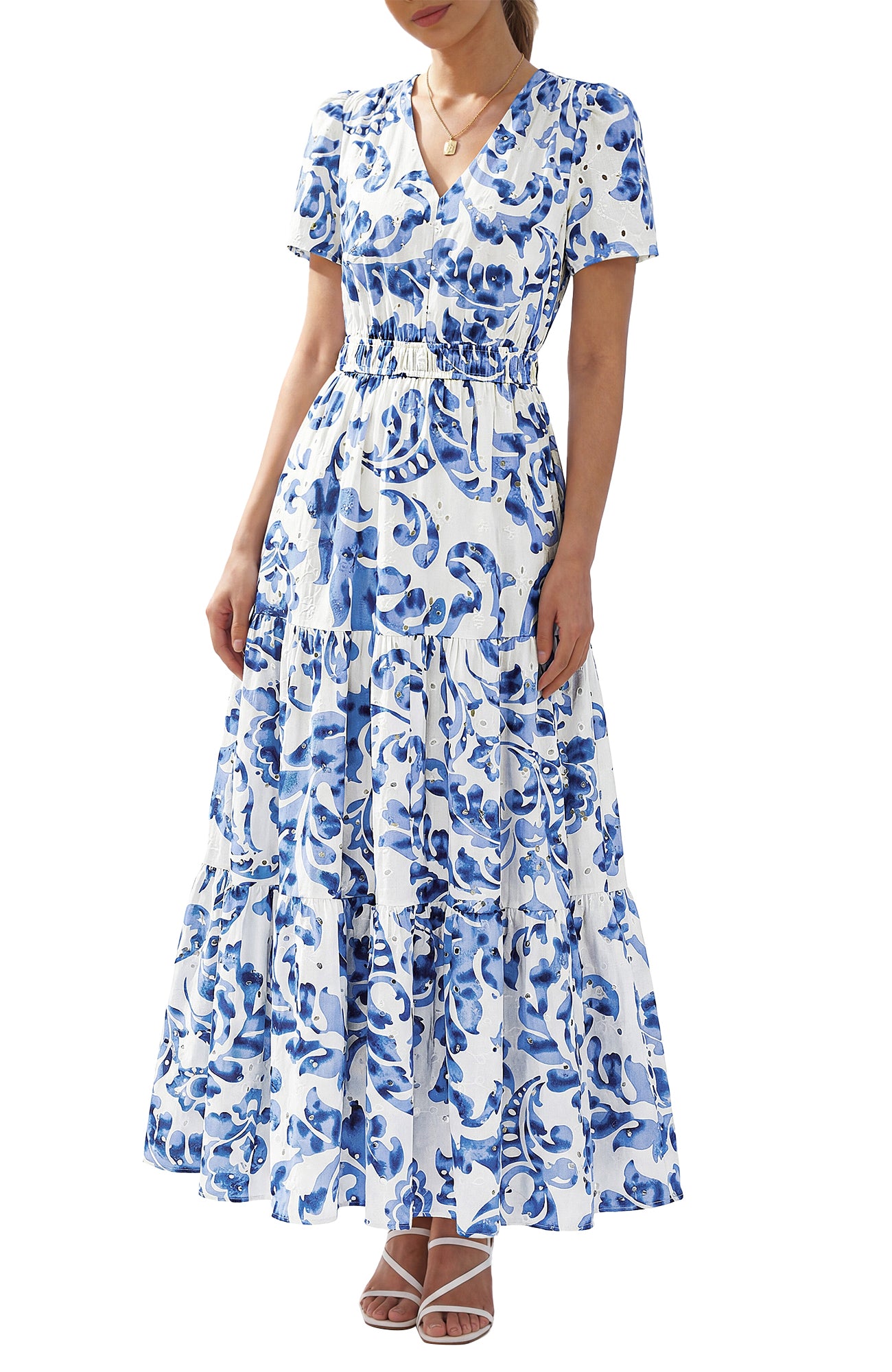 BTFBM Womens Summer Dresses 2026 V Neck Hollow Out Eyelet A Line Flowy Boho Beach Vacation Wedding Guest Maxi Dress