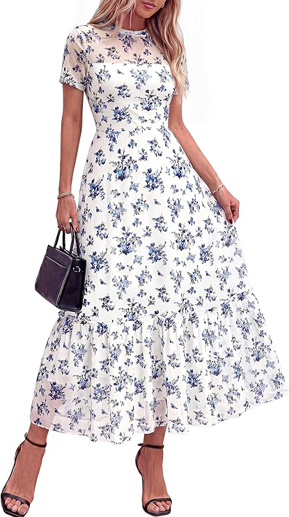 BTFBM Summer Dresses for Women 2026 Mesh Short Sleeve Floral Print Ruffle Long Boho Wedding Guest Dress Cocktail