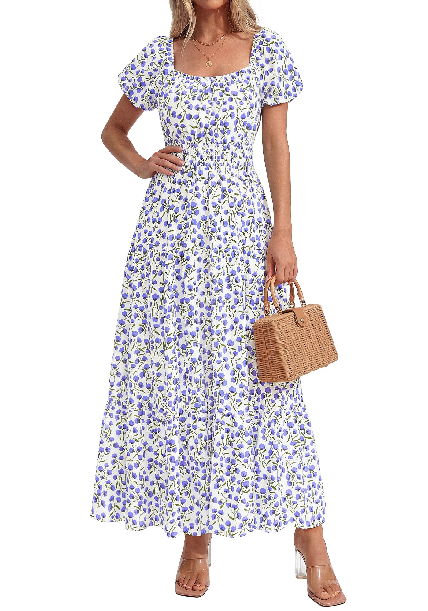 BTFBM Summer Dress For Women 2026 Spring Floral Short Sleeve Casual Flowy A-Line Smocked Tiered Maxi Dresses Pockets