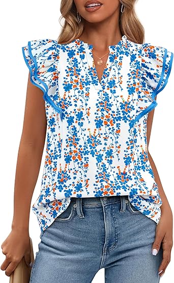 BTFBM Womens Tops Dressy Casual 2026 Spring Summer Shirts Boho Floral V Neck Ruffle Cap Sleeve Business Work Blouses
