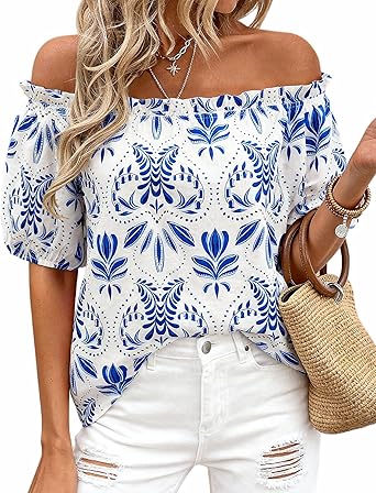BTFBM Off The Shoulder Spring Tops for Women Summer Blouses Boho Floral Short Sleeve Shirts Dressy Casual Outfits 2026