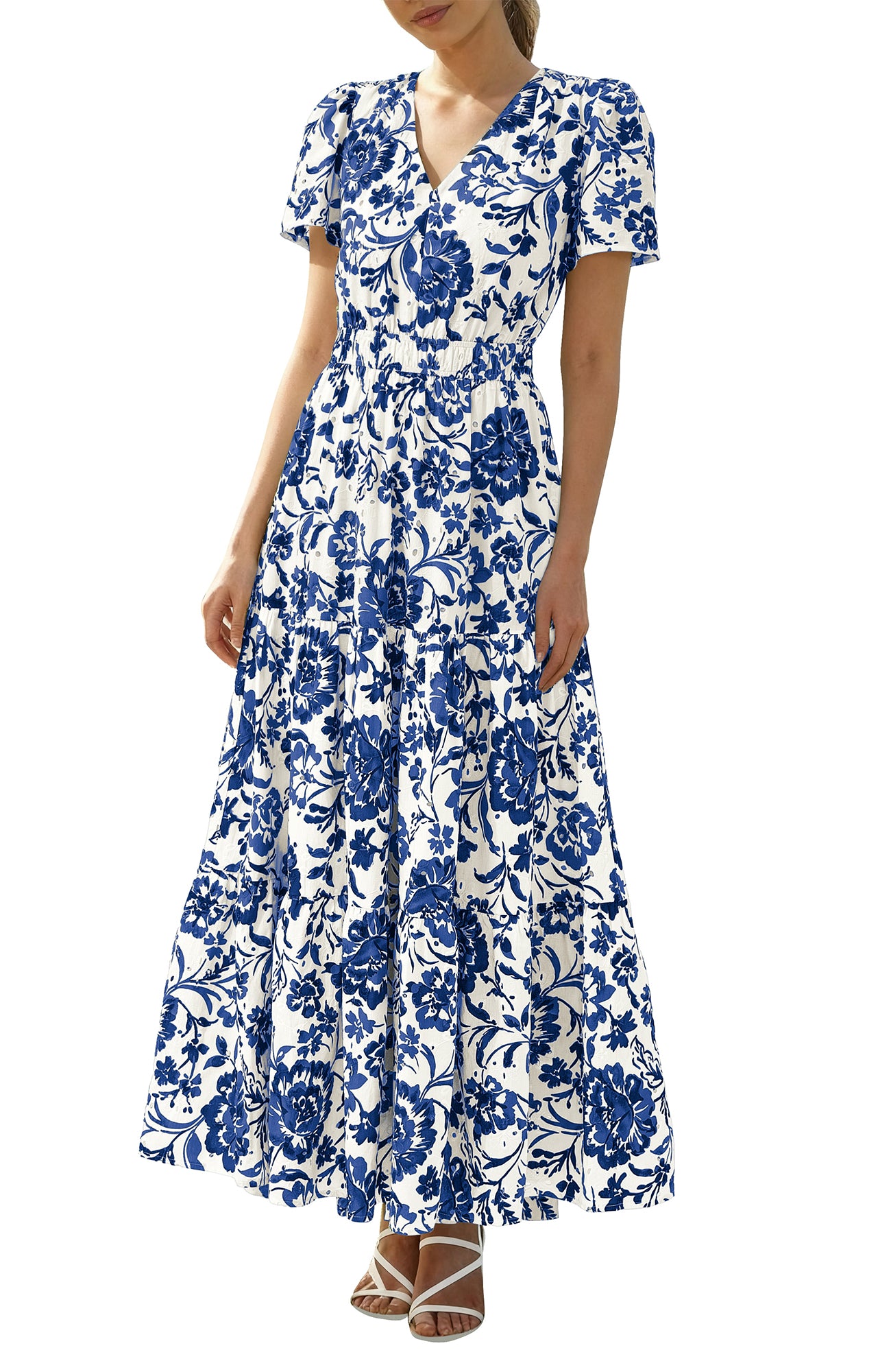 BTFBM Womens Summer Dresses 2026 V Neck Hollow Out Eyelet A Line Flowy Boho Beach Vacation Wedding Guest Maxi Dress