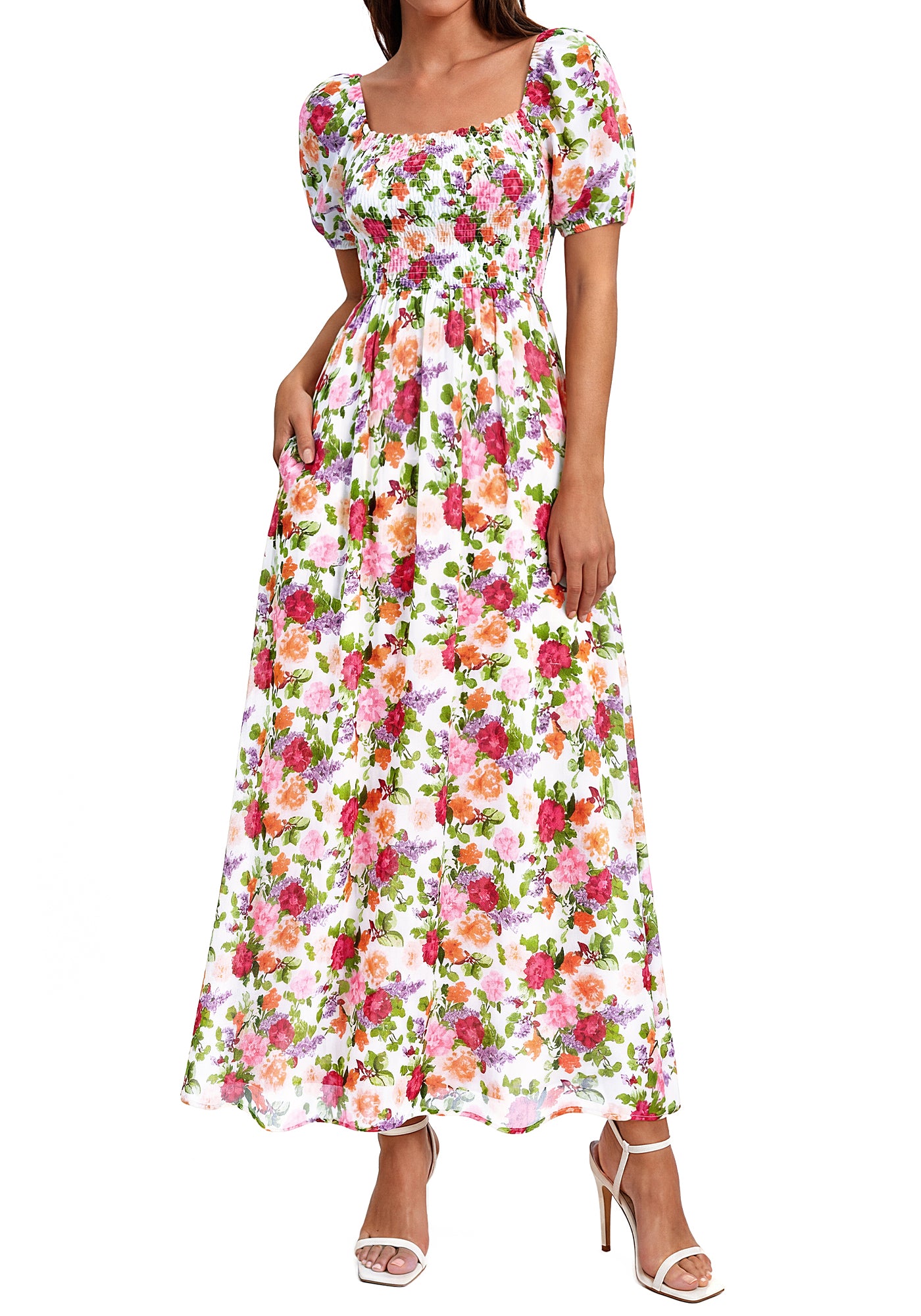 BTFBM Womens Spring Summer Dresses 2026 Square Neck Puff Short Sleeve Smocked Floral Boho Beach Wedding Guest Maxi Dress