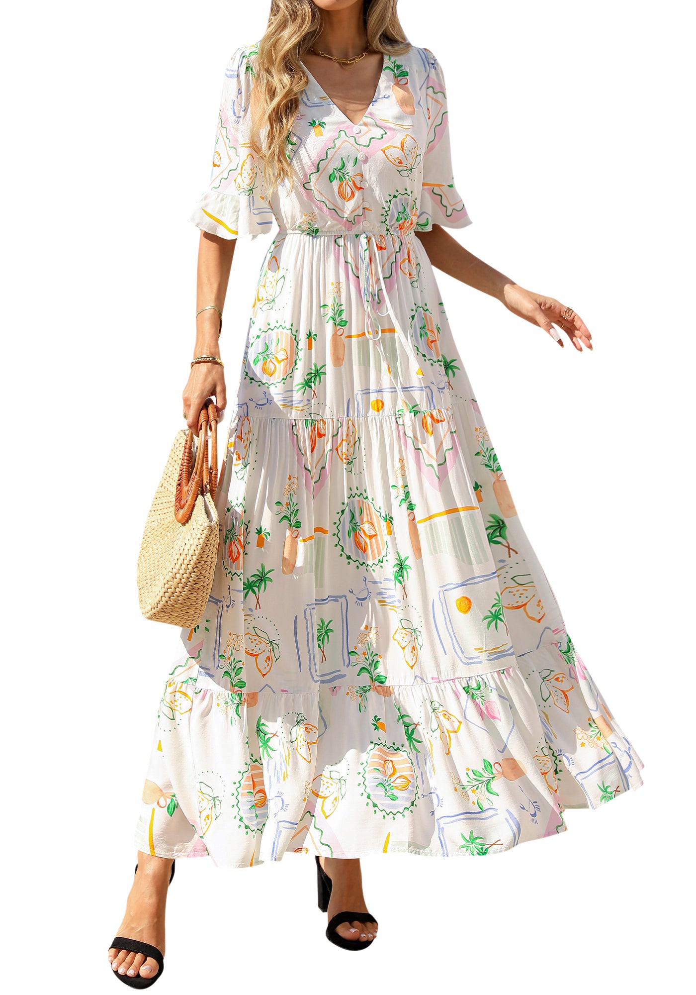 BTFBM Boho Dresses for Women 2026 Summer Spring Casual Floral Short Sleeve V Neck Flowy A-Line Maxi Party Dress Pockets