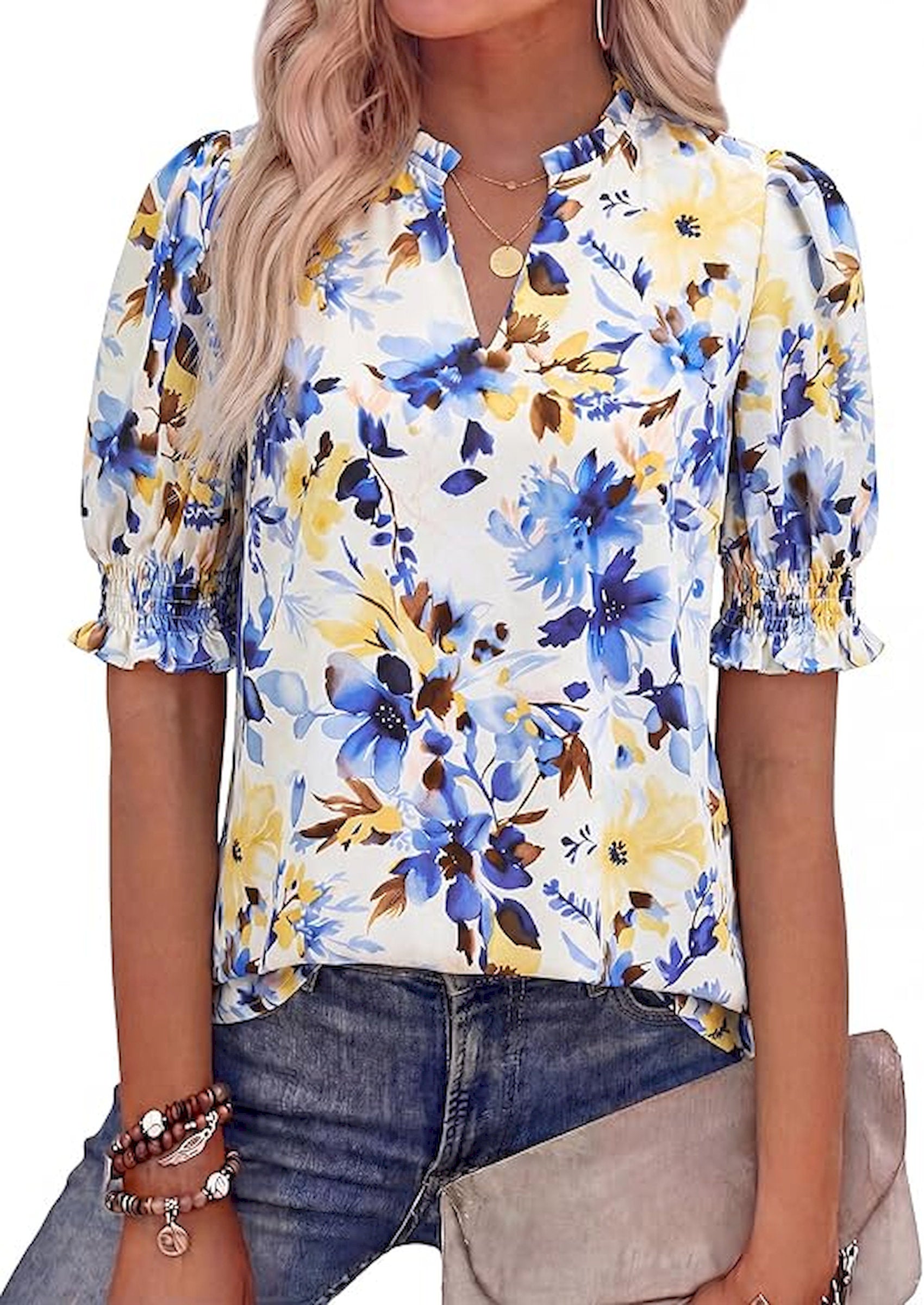 BTFBM Summer Blouses for Women Dressy Casual 2026 Fashion Spring Tops Floral Boho V Neck Puff Short Sleeve Top Shirts