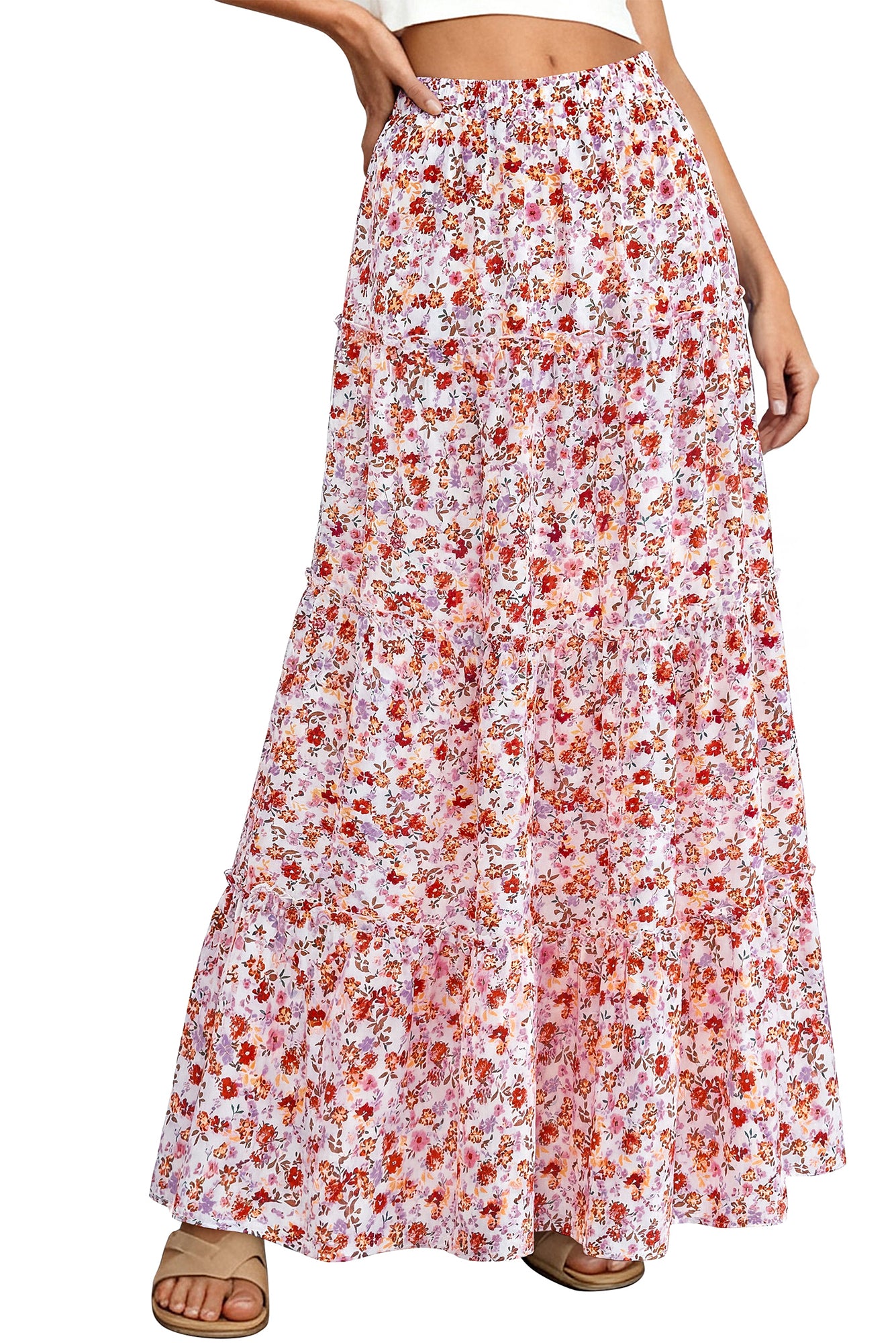 BTFBM Floral Maxi Skirts for Women Summer Spring 2026 Elastic Waist Tiered Flowy Beach Vacation Boho Midi Long Skirt