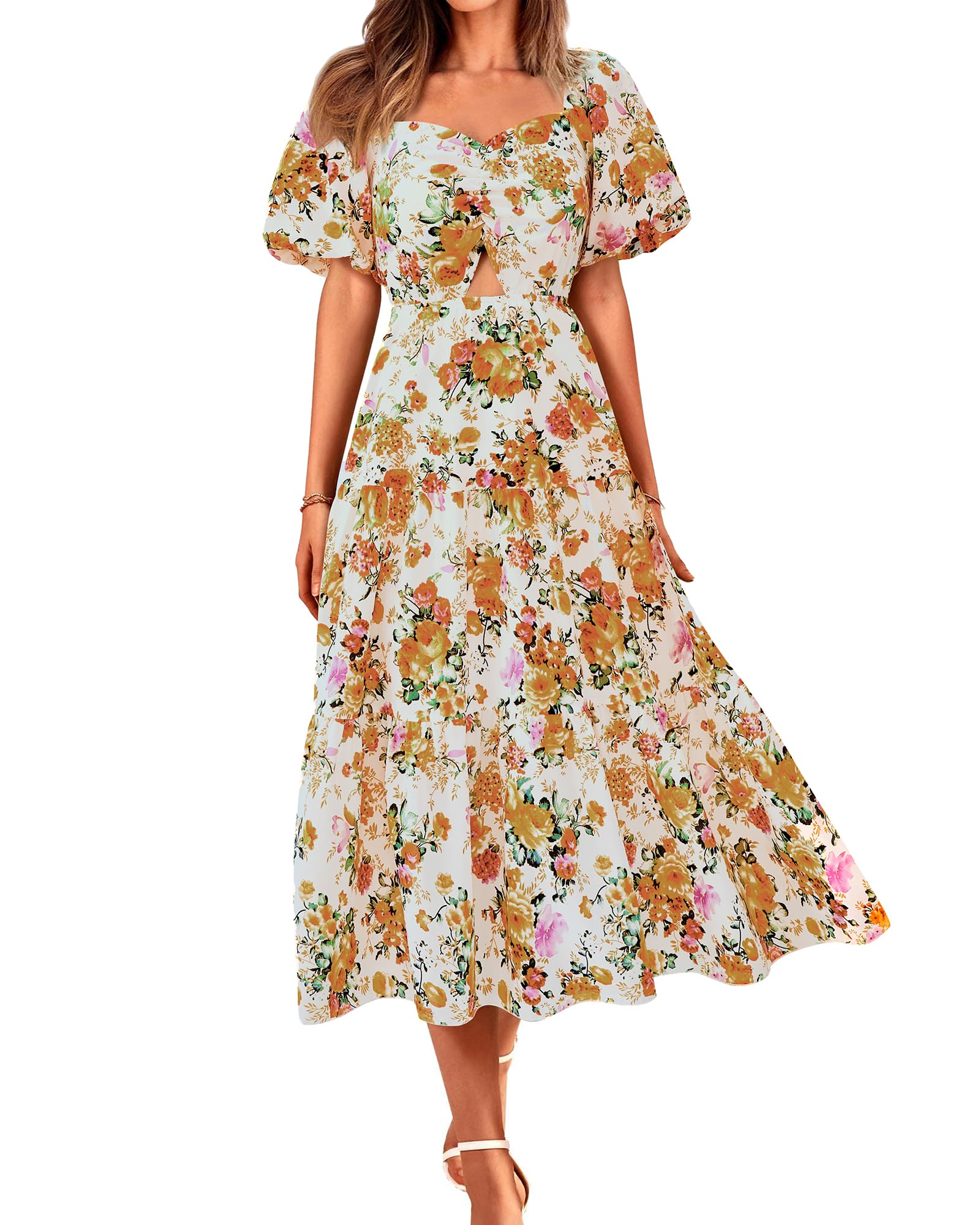 BTFBM Summer Dresses for Women 2026 Spring Outfits Beach Vacation Short Sleeve Smocked Boho Casual Floral Maxi Dress