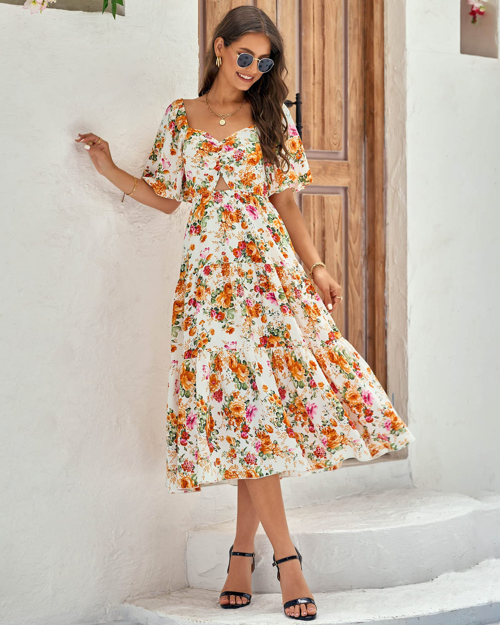 BTFBM Summer Dresses for Women 2026 Spring Outfits Beach Vacation Short Sleeve Smocked Boho Casual Floral Maxi Dress