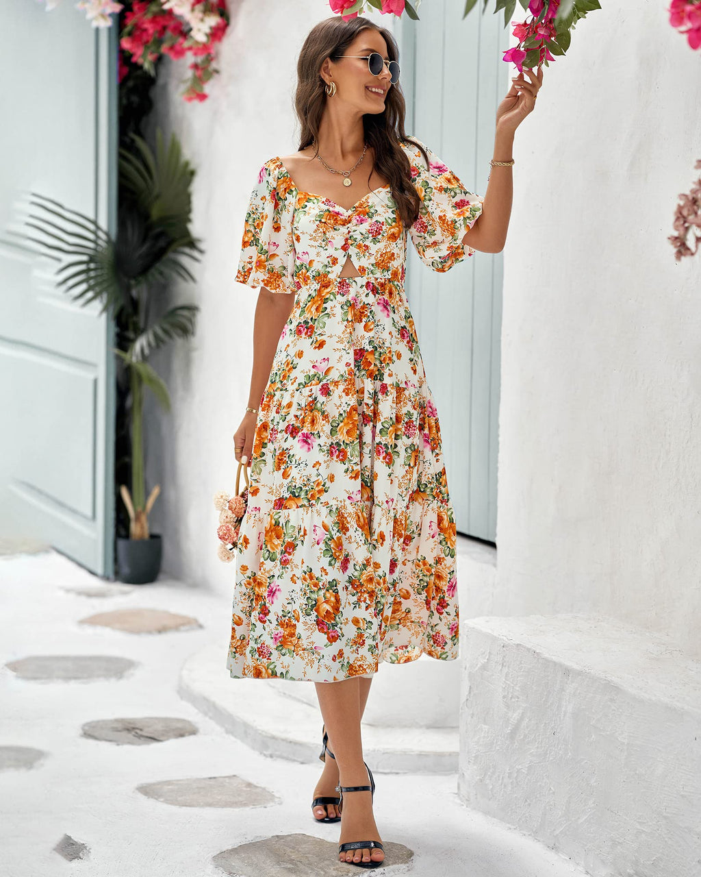 BTFBM Summer Dresses for Women 2026 Spring Outfits Beach Vacation Short Sleeve Smocked Boho Casual Floral Maxi Dress