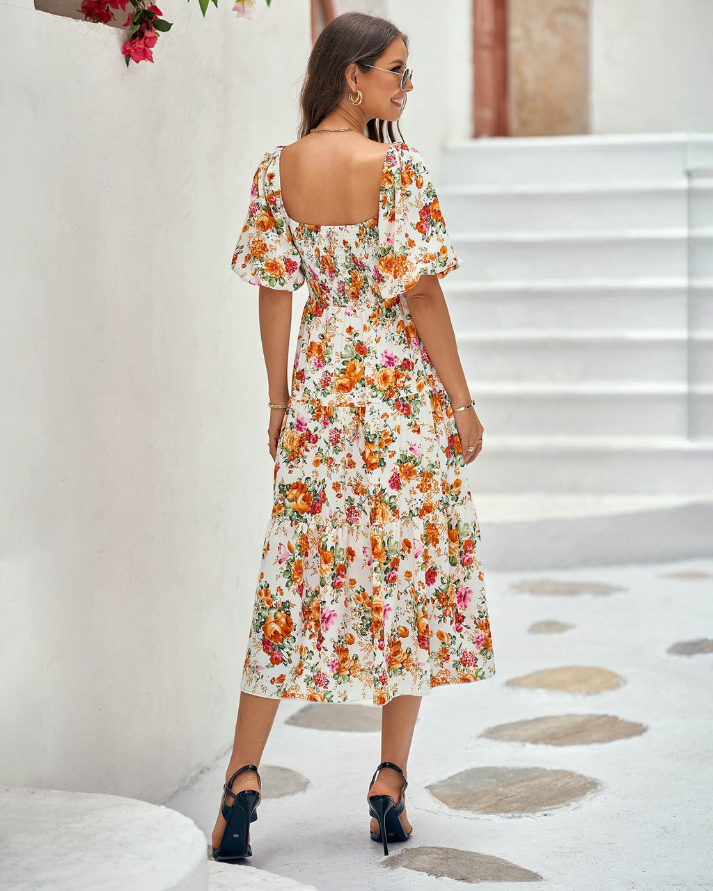 BTFBM Summer Dresses for Women 2026 Spring Outfits Beach Vacation Short Sleeve Smocked Boho Casual Floral Maxi Dress