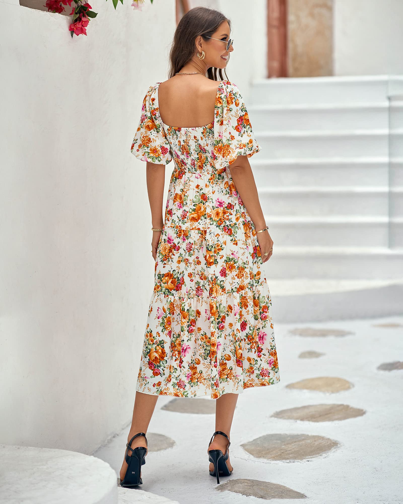 BTFBM Summer Dresses for Women 2026 Spring Outfits Beach Vacation Short Sleeve Smocked Boho Casual Floral Maxi Dress