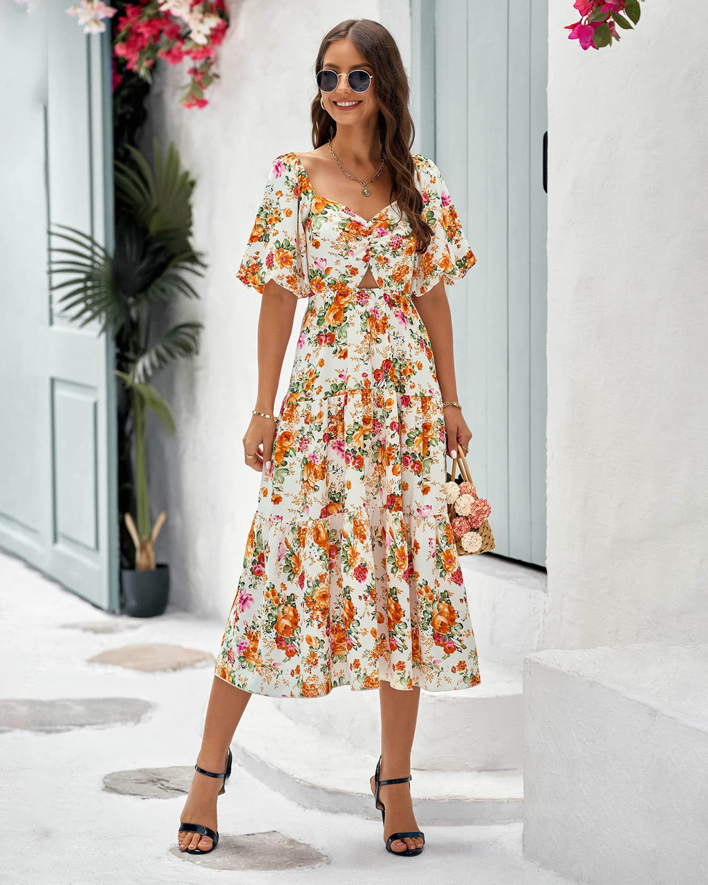 BTFBM Summer Dresses for Women 2026 Spring Outfits Beach Vacation Short Sleeve Smocked Boho Casual Floral Maxi Dress