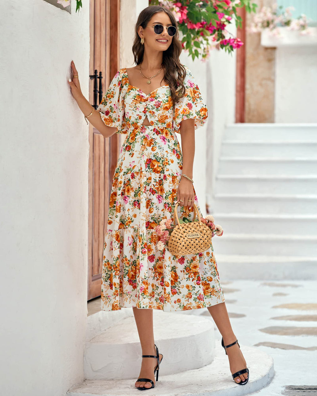 BTFBM Summer Dresses for Women 2026 Spring Outfits Beach Vacation Short Sleeve Smocked Boho Casual Floral Maxi Dress