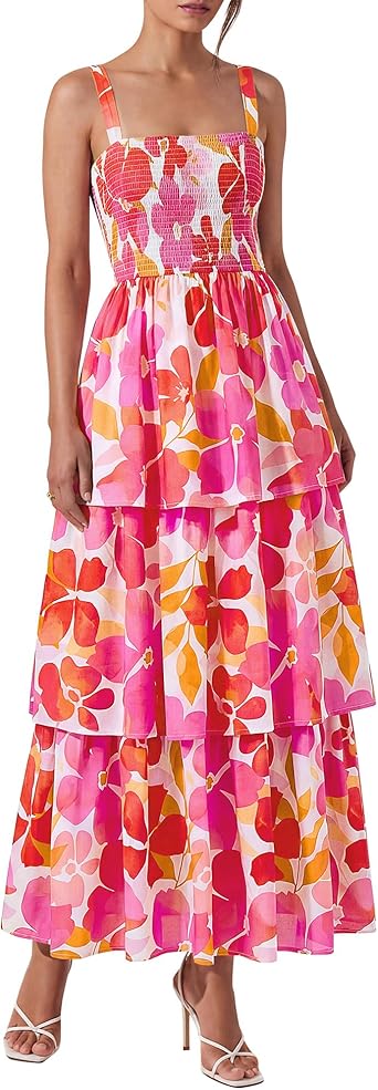 BTFBM Summer Dresses for Women 2026 Floral Spaghetti Strap Wedding Guest Dress Maxi Beach Vacation Clothes