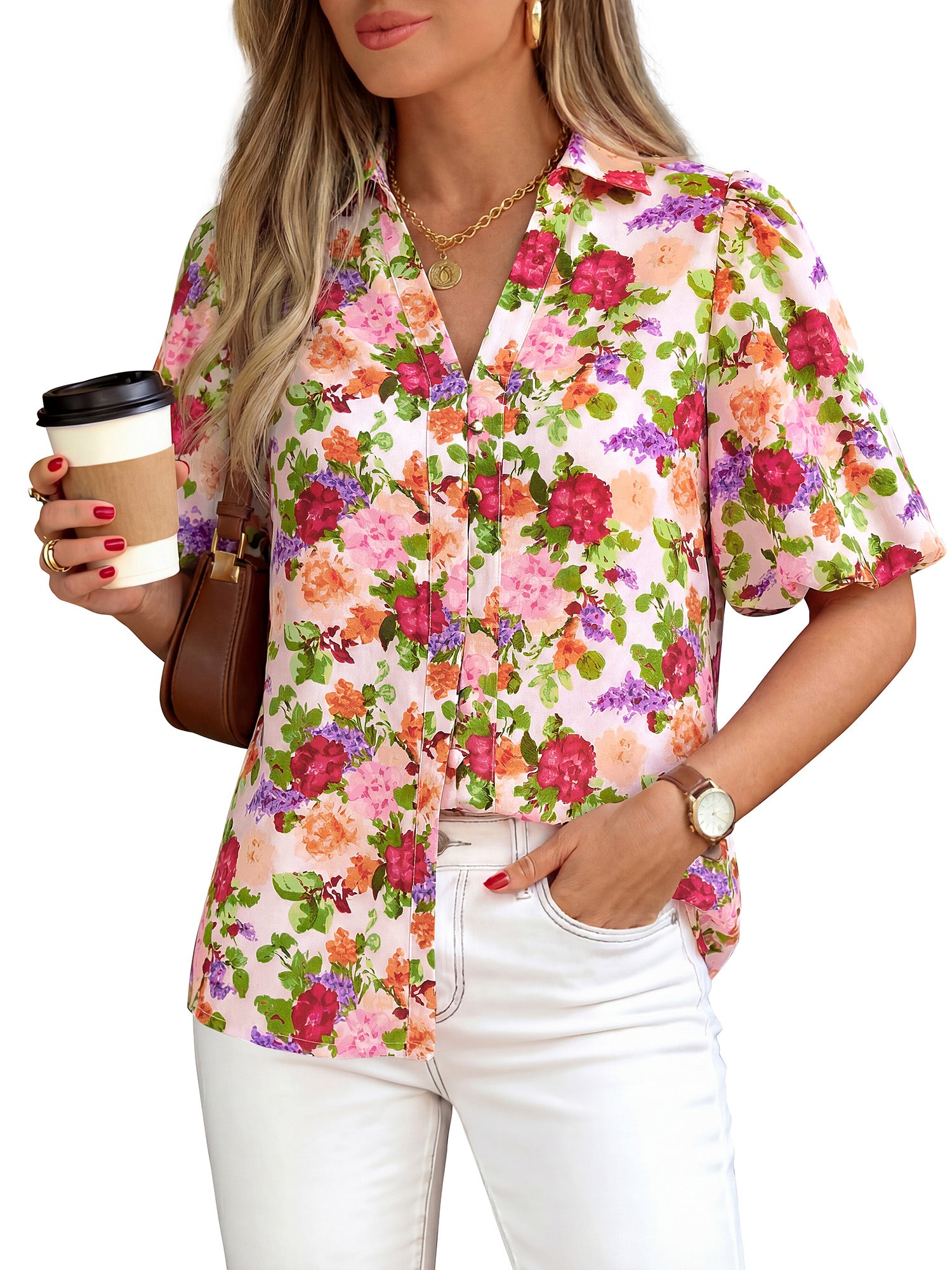 BTFBM Womens Tops Summer Button Down Shirts Casual Short Sleeve V Neck Floral Boho Business Blouses Vacation Outfits