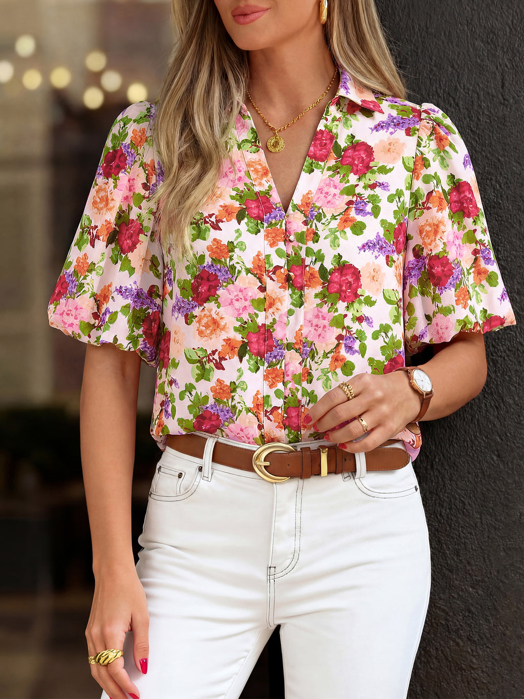 BTFBM Womens Tops Summer Button Down Shirts Casual Short Sleeve V Neck Floral Boho Business Blouses Vacation Outfits