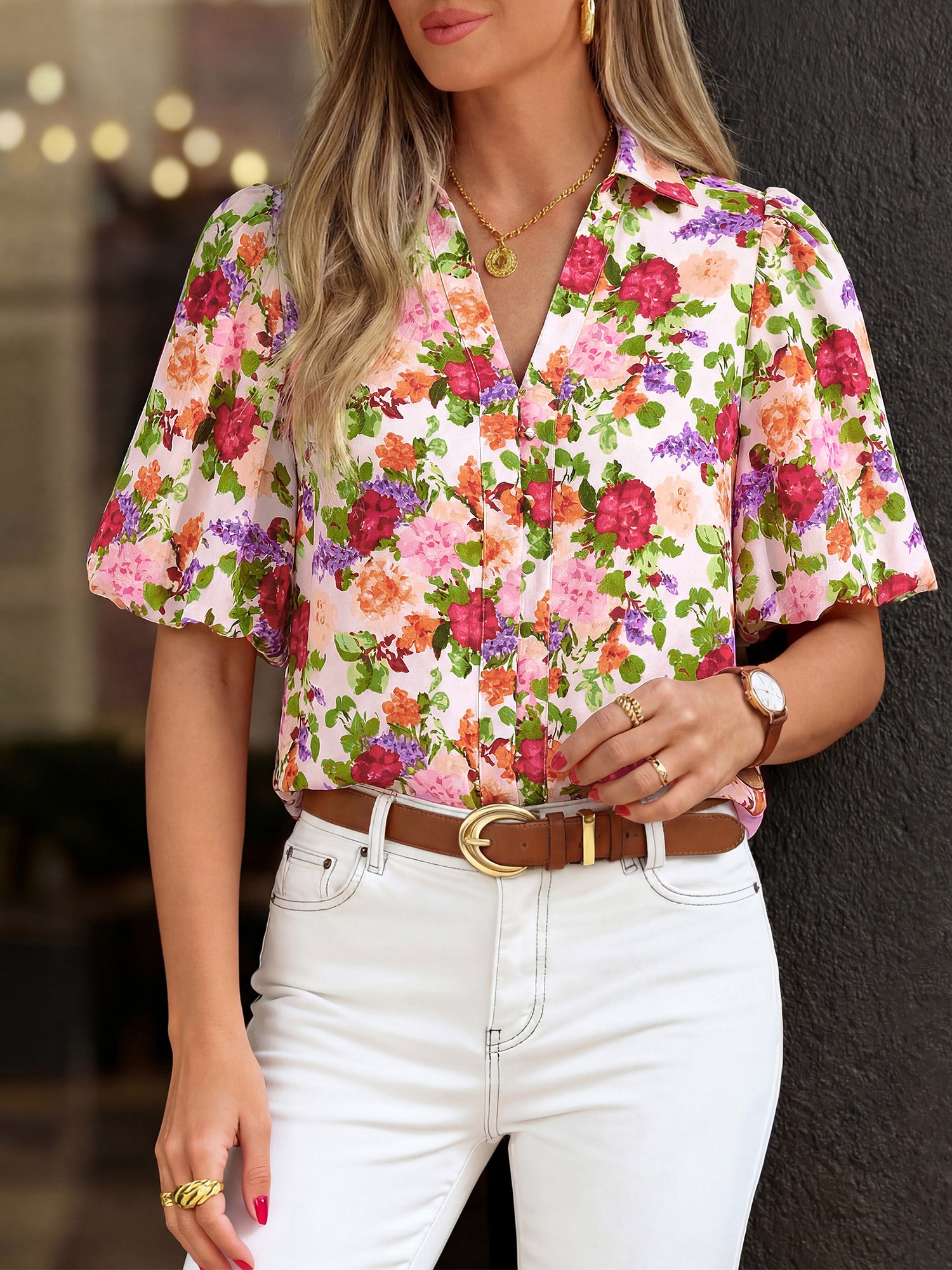 BTFBM Womens Tops Summer Button Down Shirts Casual Short Sleeve V Neck Floral Boho Business Blouses Vacation Outfits
