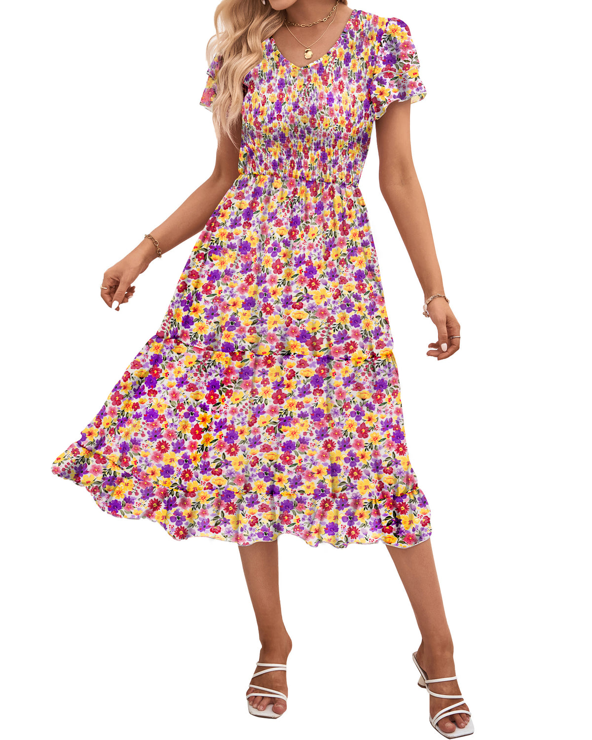 BTFBM Women Casual Summer Dresses Wedding Guest Dress  Ruffles Tiered Sleeves, Smocked,V Neck,Midi,Boho Dress,Floral,Solid,Homecoming,Cocktail,Party,Beach Vacation Clothes