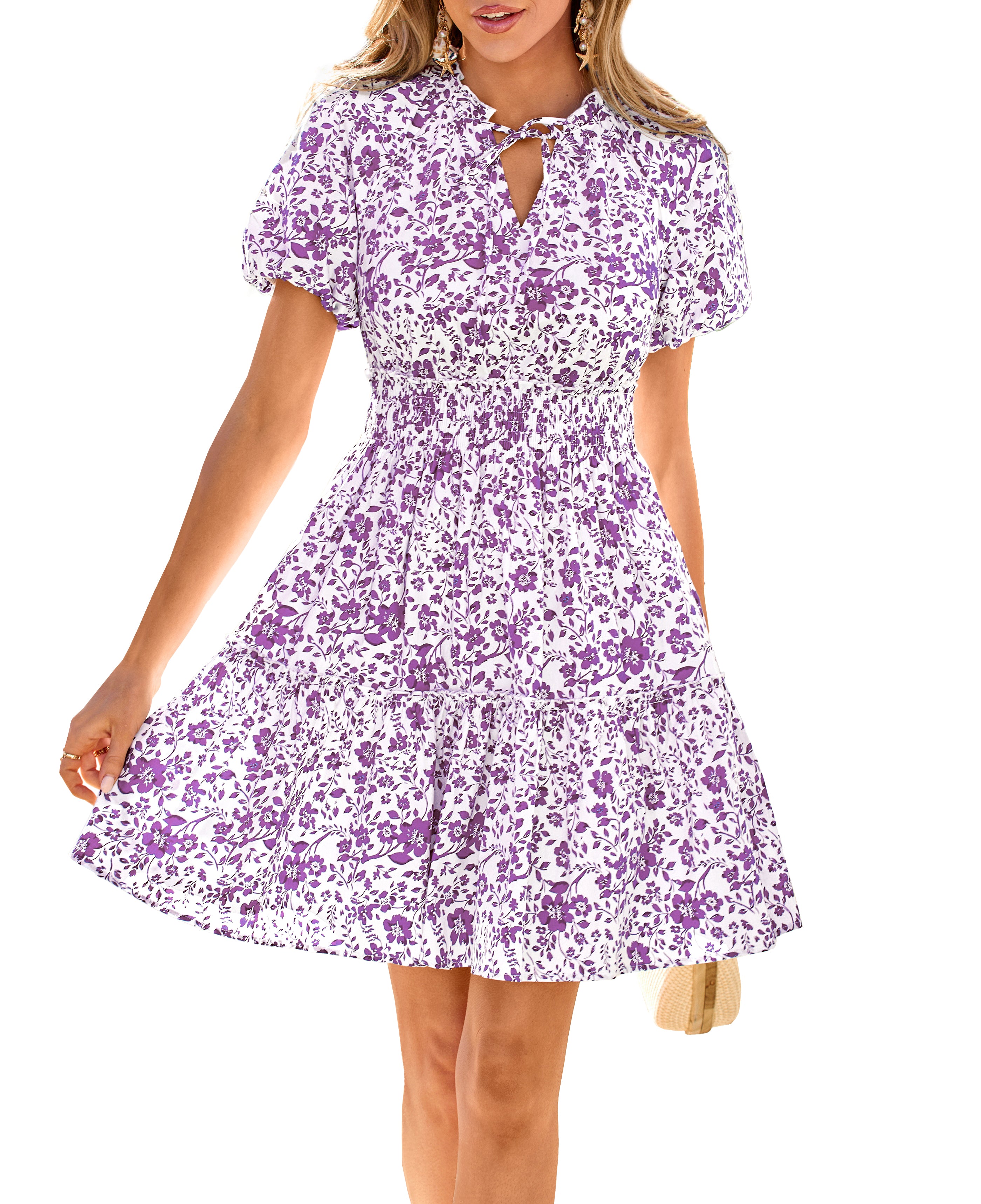 BTFBM Summer Dresses for Women 2026 Ruffle Short Sleeve Elastic Waist Tiered Floral Mini Dress Beach Vacation Sundresses