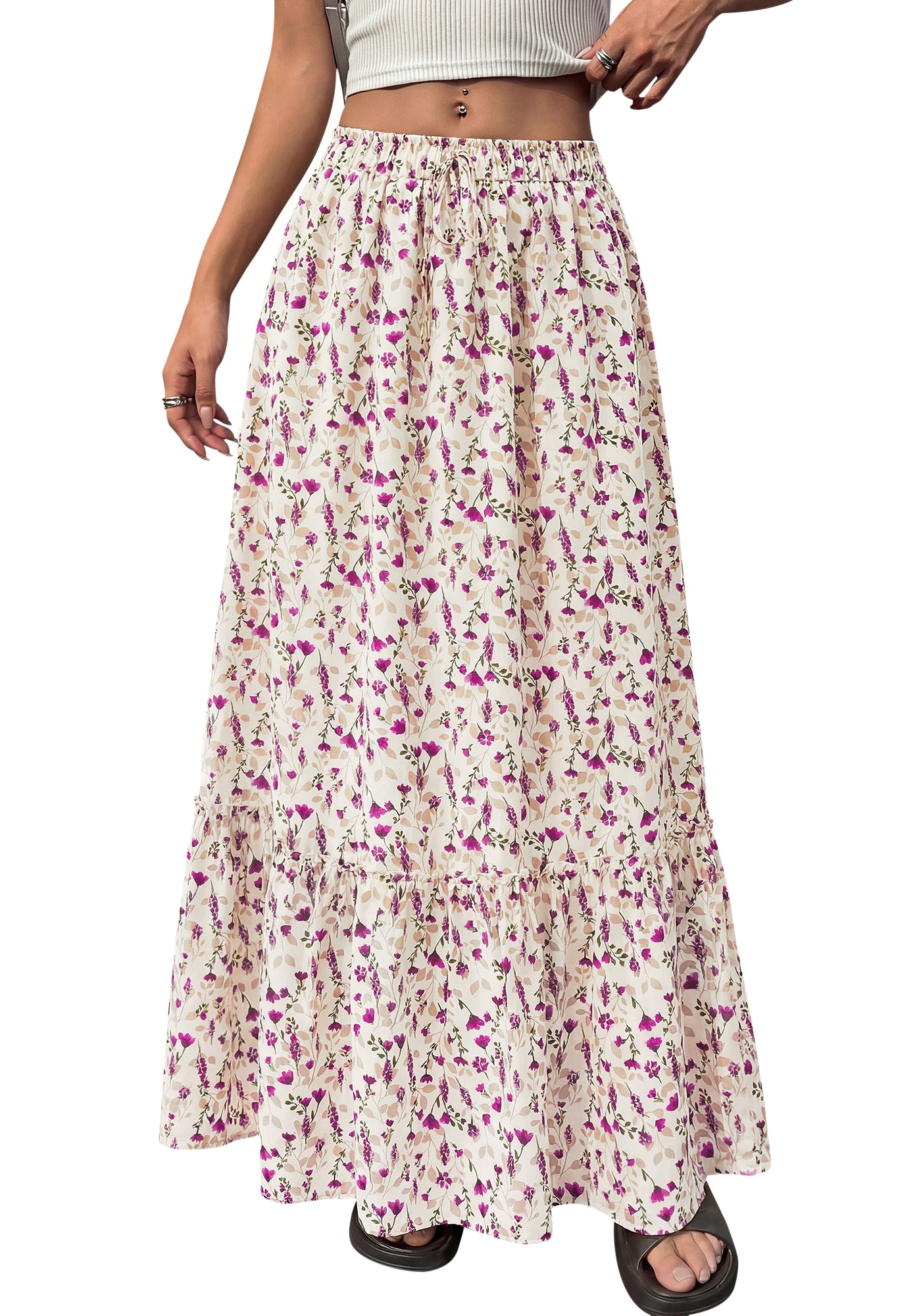 BTFBM Womens Boho Maxi Skirt 2026 Summer Floral High Waisted Flowy Tiered Long Spring Beach Vacation Skirts Pockets