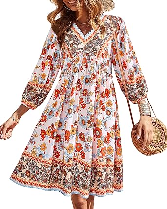 BTFBM Women Casual Spring Summer Dresses V Neck 3/4 Long Sleeve Ruffle Floral Flowy Boho Babydoll Mini Short Beach Dress