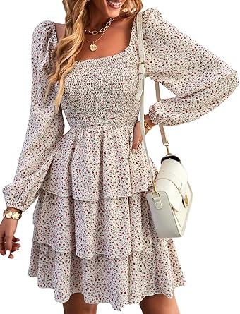 BTFBM Womens Long Sleeve Dress Vacation Square Neck Smocked Floral Swiss Dot Mini Boho Spring Wedding Guest Dresses 2026