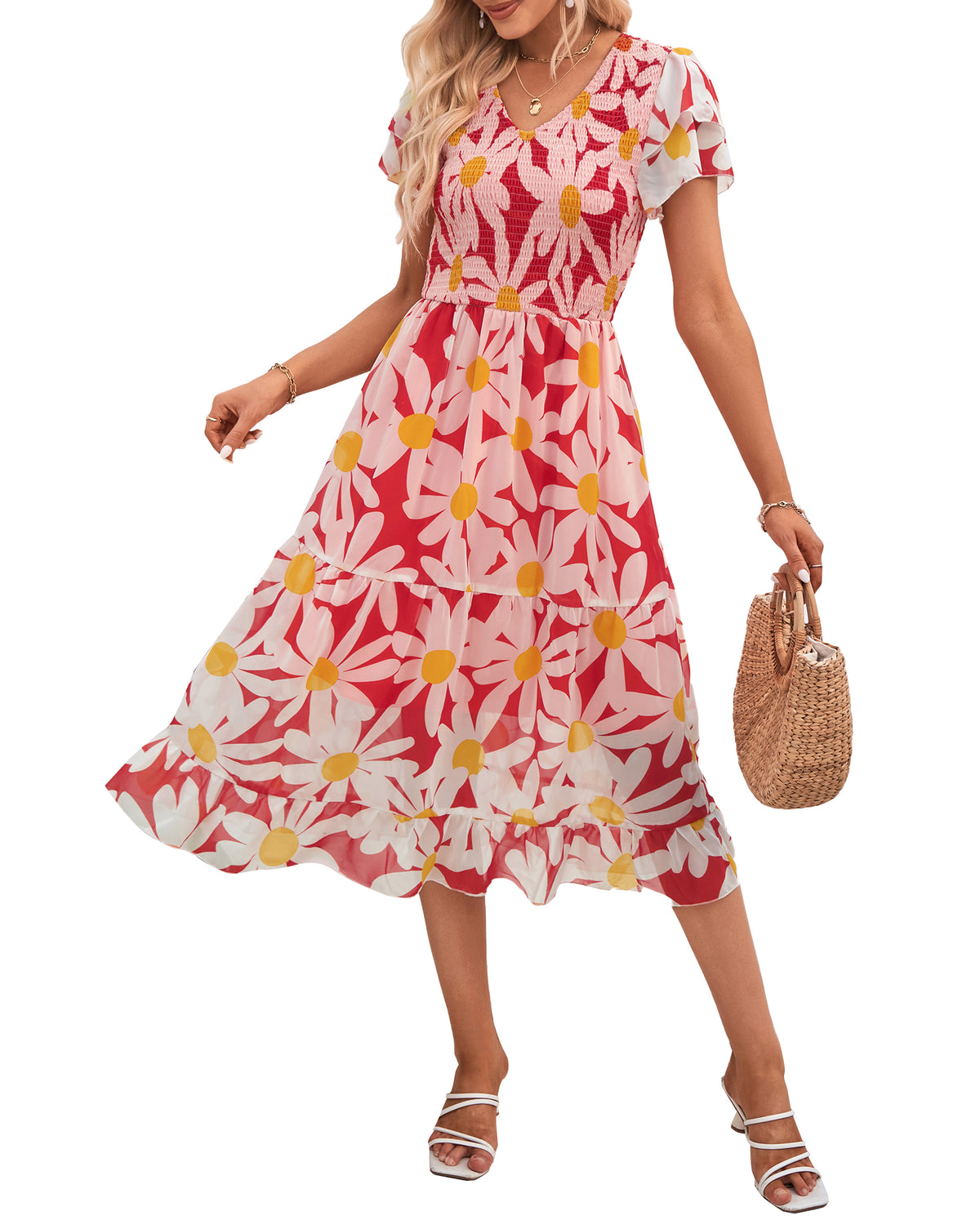 BTFBM Women Casual Summer Dresses Wedding Guest Dress  Ruffles Tiered Sleeves, Smocked,V Neck,Midi,Boho Dress,Floral,Solid,Homecoming,Cocktail,Party,Beach Vacation Clothes
