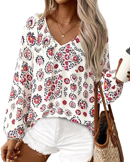 BTFBM Womens Tops Long Sleeve Loose Boho Floral Satin Blouse  V Neck Tshirt, Floral Print, Lightweight Soft Satin Fabric, Cute Casual, Trendy Fashion 2026, Spring Winter Fall Clothes