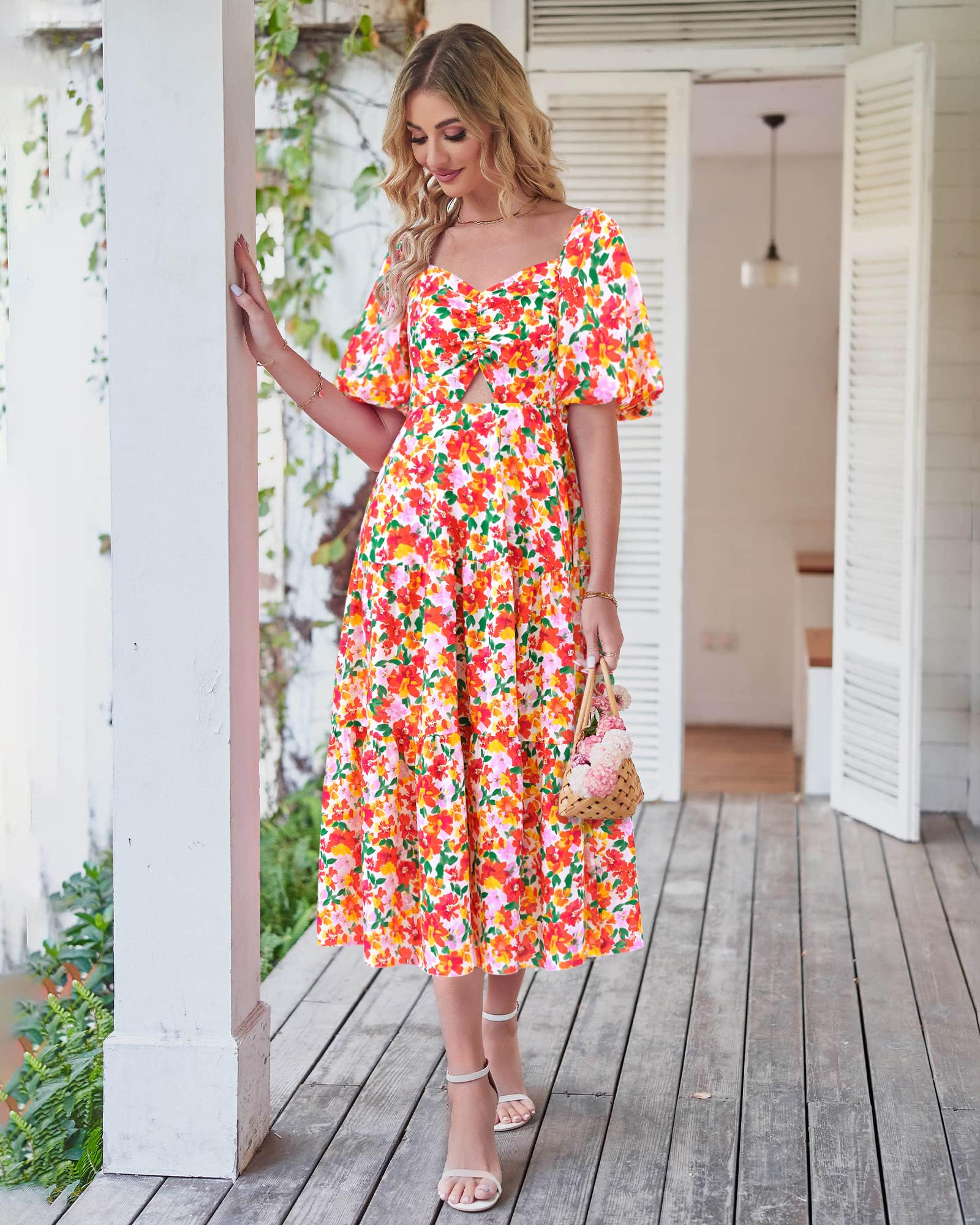 BTFBM Summer Dresses for Women 2026 Spring Outfits Beach Vacation Short Sleeve Smocked Boho Casual Floral Maxi Dress