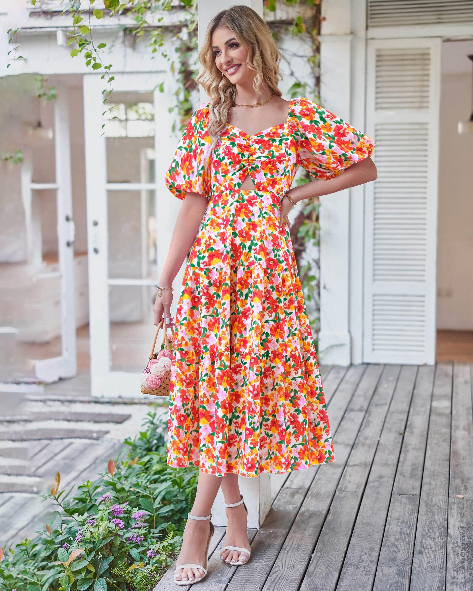 BTFBM Summer Dresses for Women 2026 Spring Outfits Beach Vacation Short Sleeve Smocked Boho Casual Floral Maxi Dress