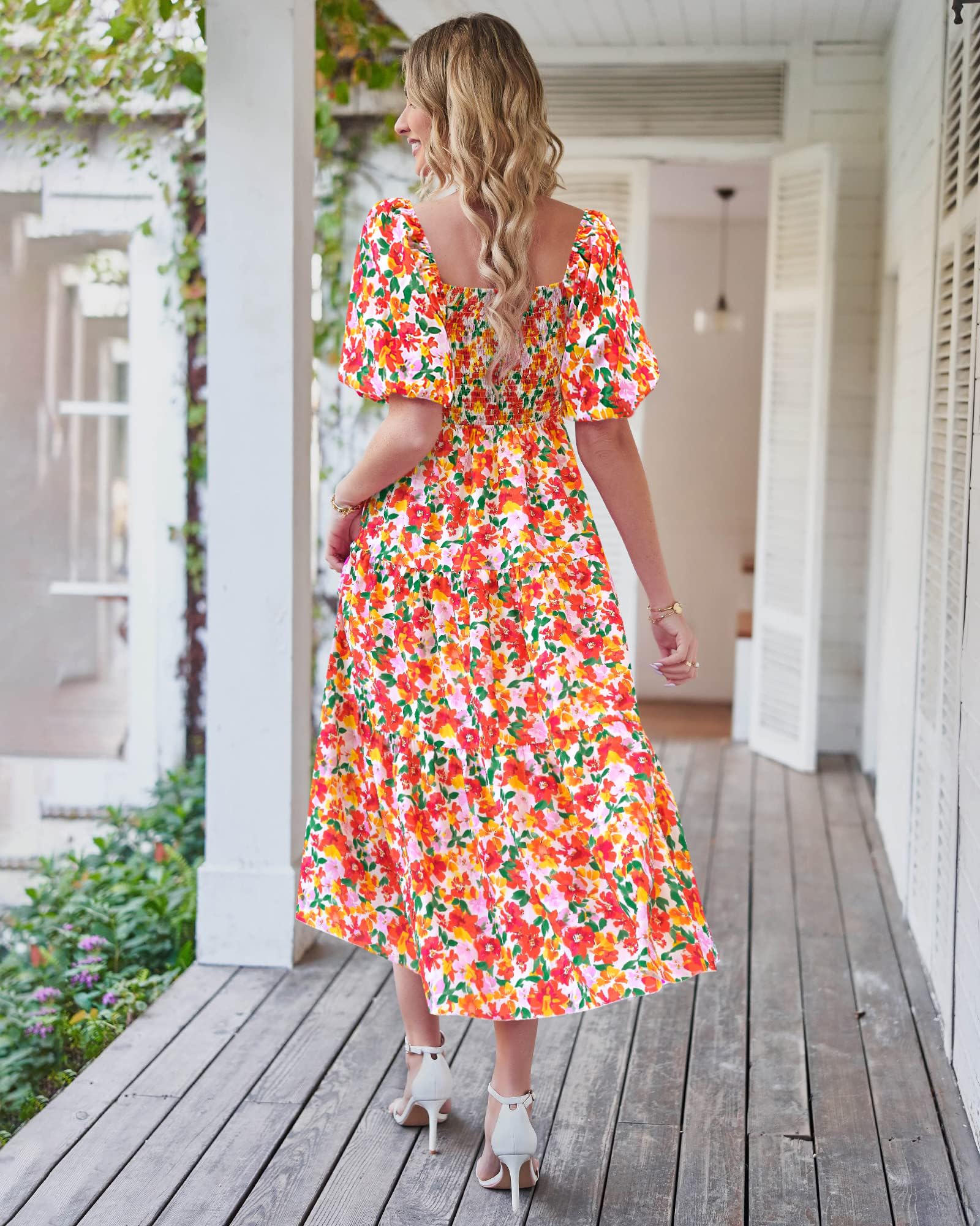 BTFBM Summer Dresses for Women 2026 Spring Outfits Beach Vacation Short Sleeve Smocked Boho Casual Floral Maxi Dress