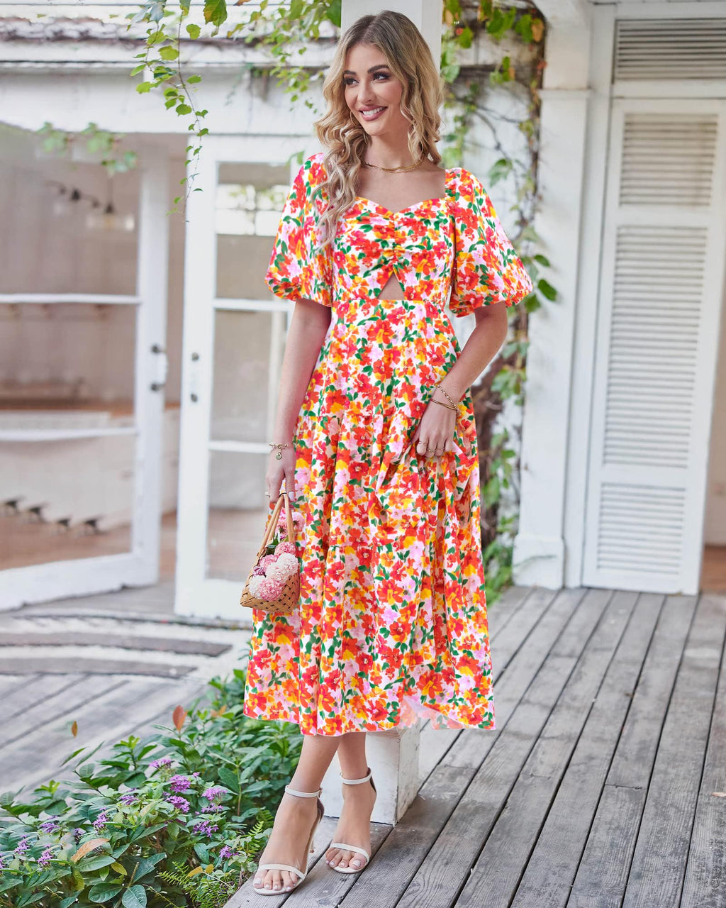 BTFBM Summer Dresses for Women 2026 Spring Outfits Beach Vacation Short Sleeve Smocked Boho Casual Floral Maxi Dress