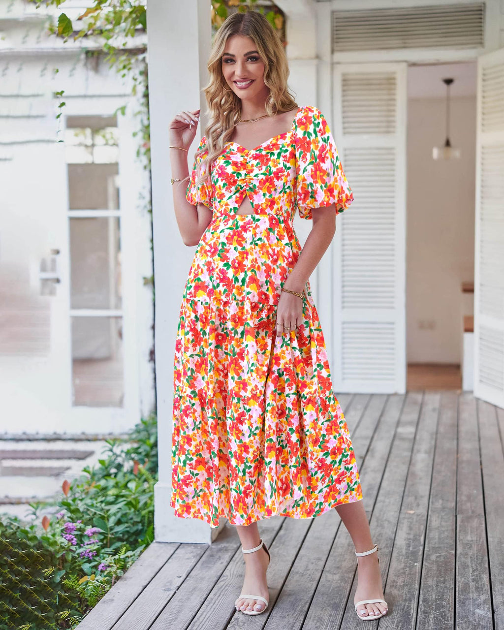 BTFBM Summer Dresses for Women 2026 Spring Outfits Beach Vacation Short Sleeve Smocked Boho Casual Floral Maxi Dress