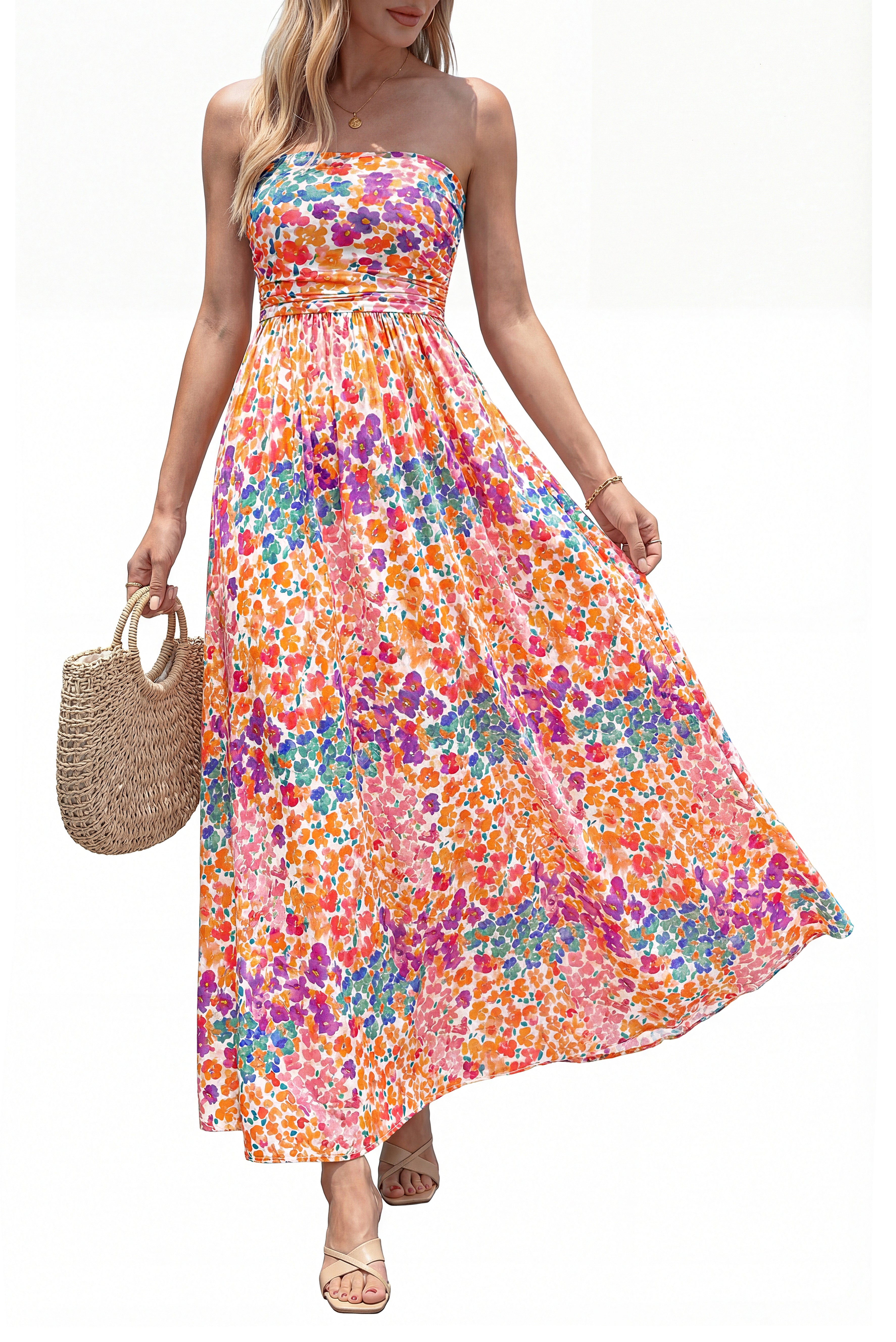 BTFBM Womens Summer Dresses 2026 Strapless Tube Top Elastic Waist Floral Beach Vacation Outfits Boho Maxi Dress Pockets