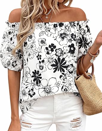 BTFBM Off The Shoulder Spring Tops for Women Summer Blouses Boho Floral Short Sleeve Shirts Dressy Casual Outfits 2026