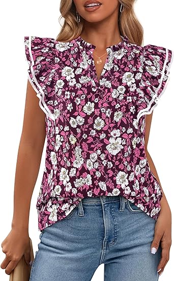 BTFBM Womens Tops Dressy Casual 2026 Spring Summer Shirts Boho Floral V Neck Ruffle Cap Sleeve Business Work Blouses
