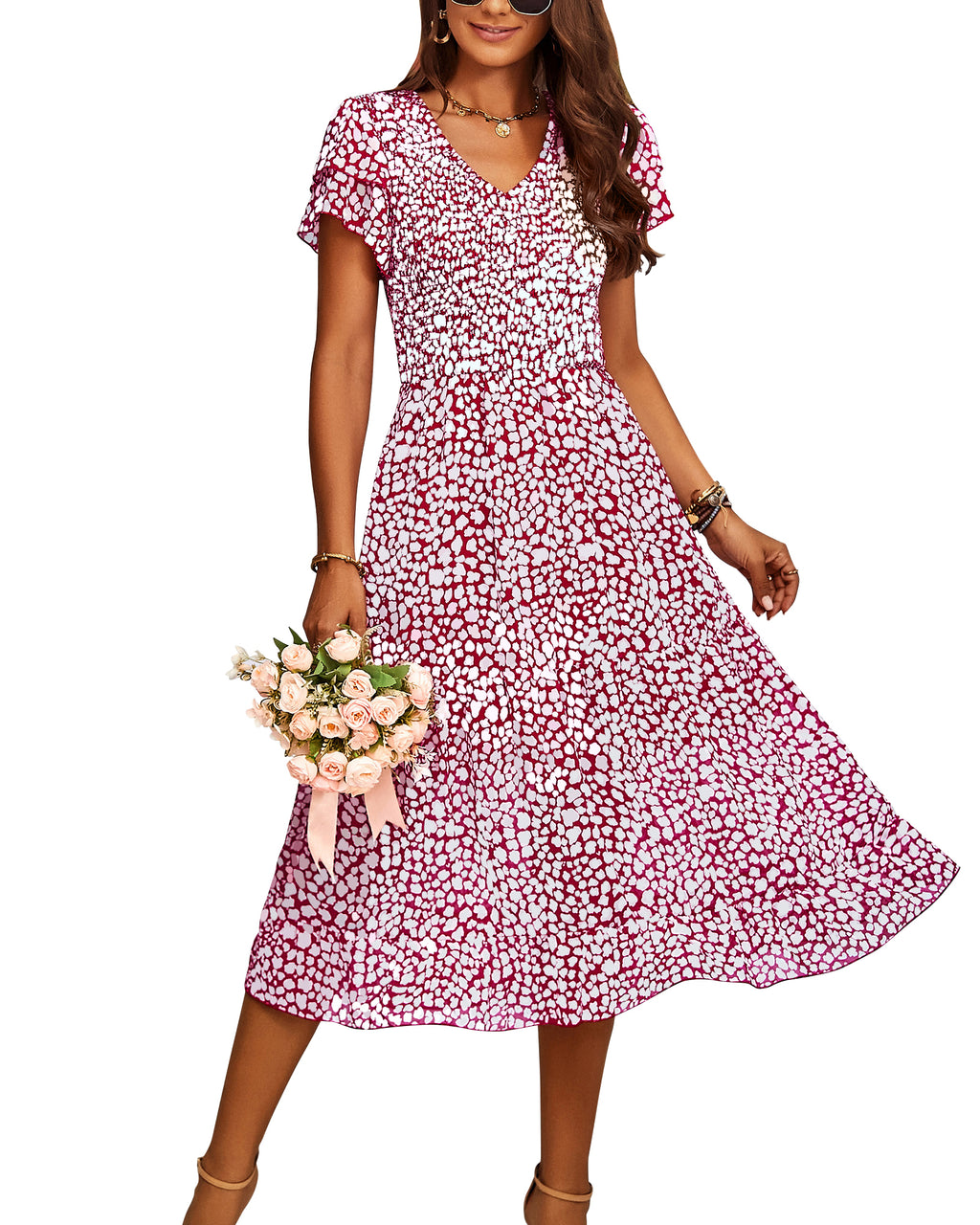 BTFBM Women Casual Summer Dresses Wedding Guest Dress  Ruffles Tiered Sleeves, Smocked,V Neck,Midi,Boho Dress,Floral,Solid,Homecoming,Cocktail,Party,Beach Vacation Clothes