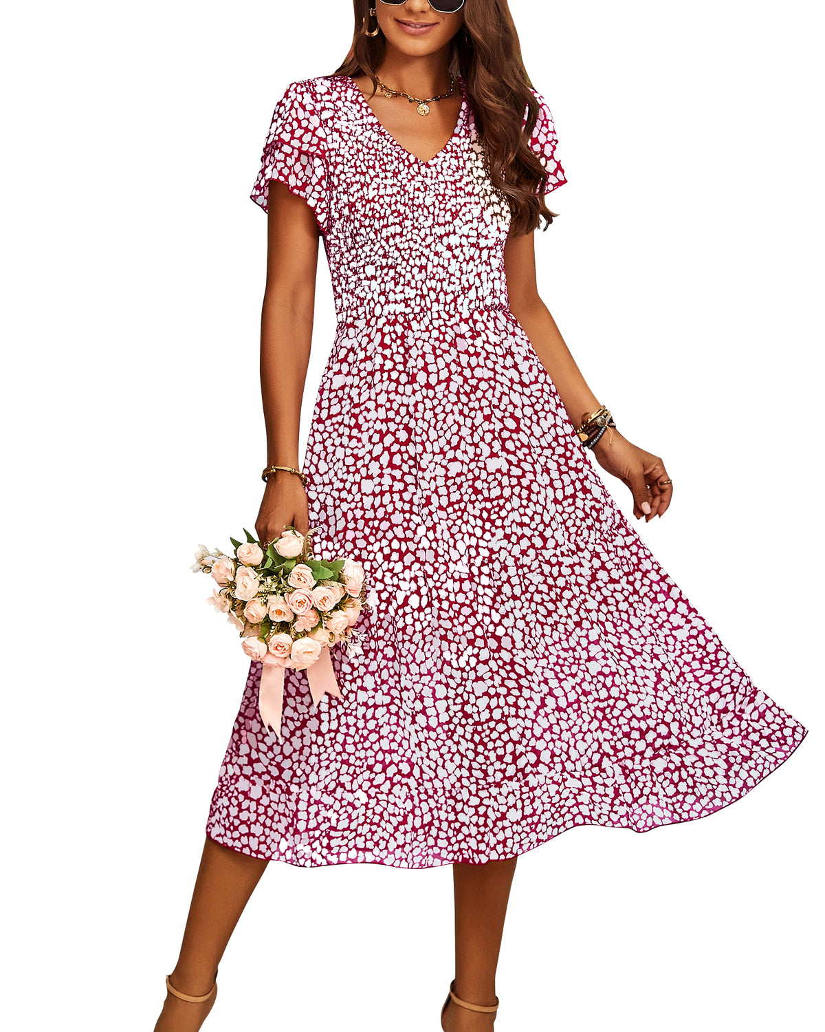 BTFBM Women Casual Summer Dresses Wedding Guest Dress  Ruffles Tiered Sleeves, Smocked,V Neck,Midi,Boho Dress,Floral,Solid,Homecoming,Cocktail,Party,Beach Vacation Clothes