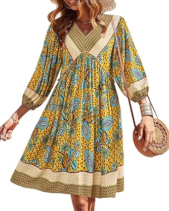 BTFBM Women Casual Spring Summer Dresses V Neck 3/4 Long Sleeve Ruffle Floral Flowy Boho Babydoll Mini Short Beach Dress