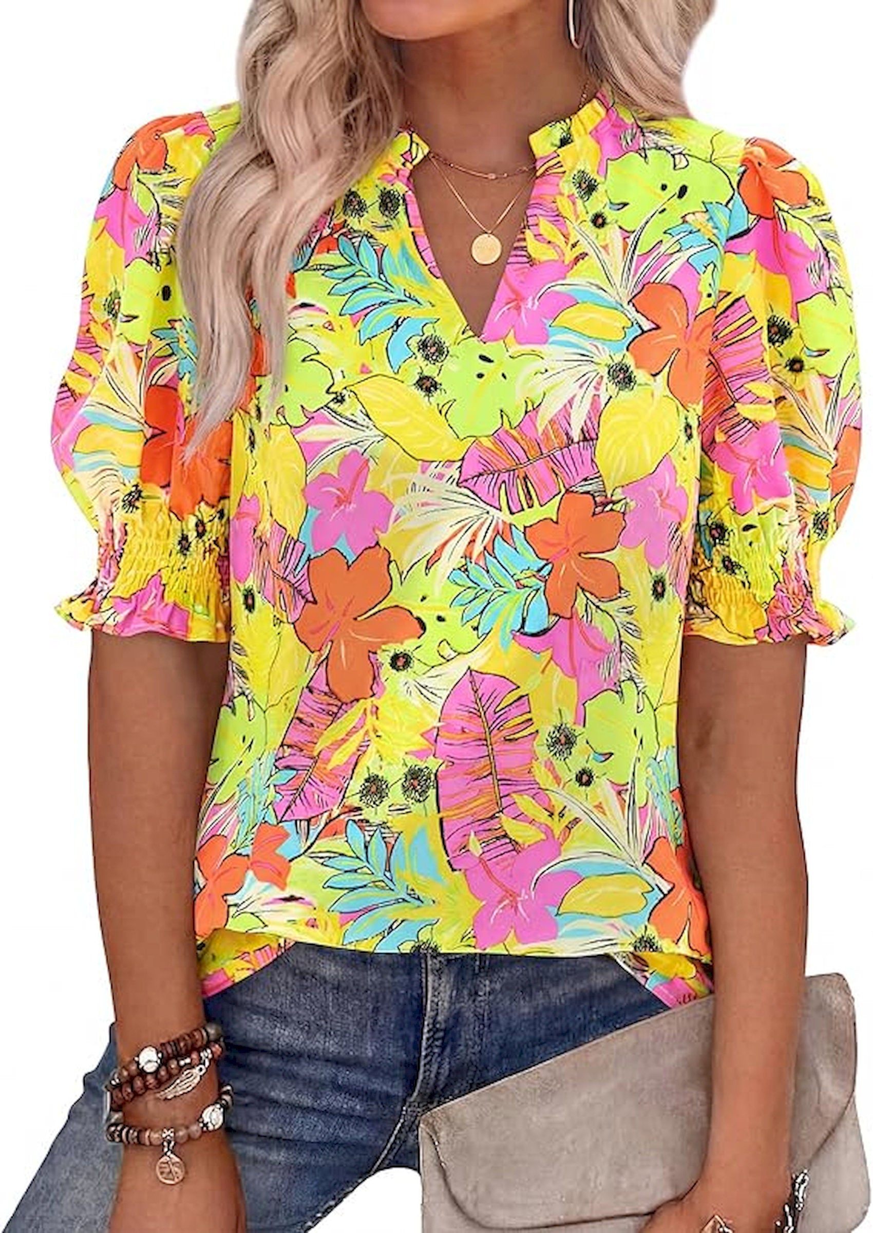 BTFBM Summer Blouses for Women Dressy Casual 2026 Fashion Spring Tops Floral Boho V Neck Puff Short Sleeve Top Shirts