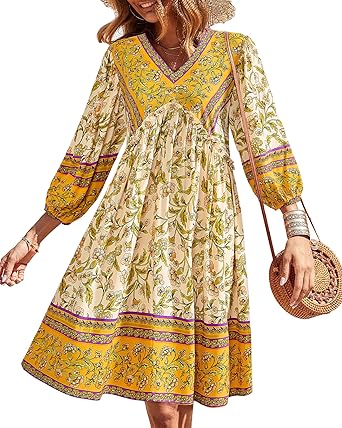 BTFBM Women Casual Spring Summer Dresses V Neck 3/4 Long Sleeve Ruffle Floral Flowy Boho Babydoll Mini Short Beach Dress