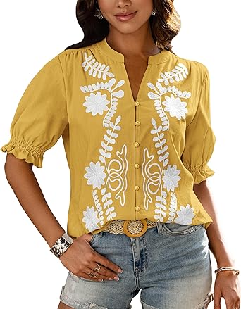 BTFBM Women's 2026 Spring Tops Casual Floral Boho V Neck Puff Short Sleeve Button Down Shirts Embroidered Blouses Tunic