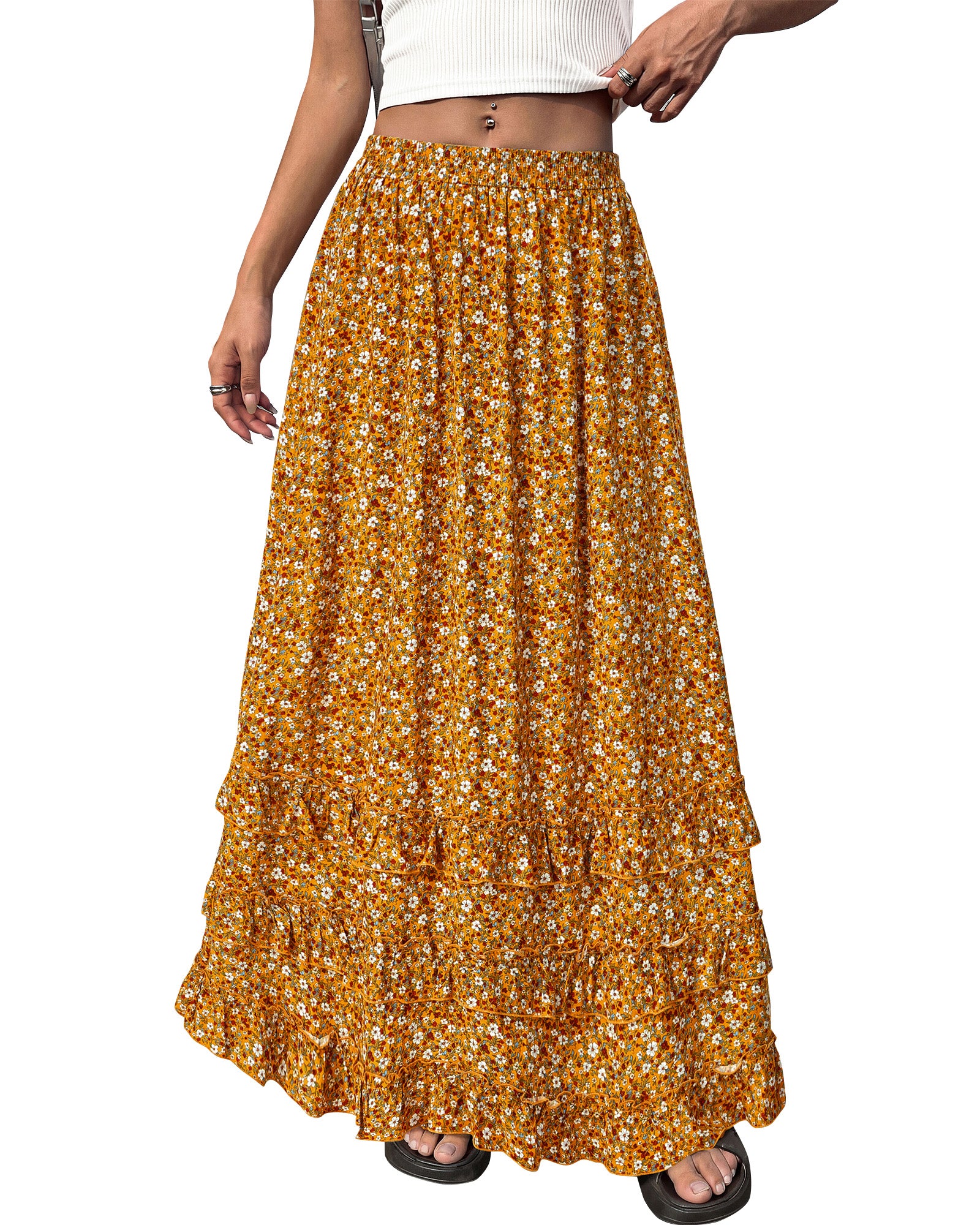 BTFBM Skirts for Women Summer Flowy A-Line Floral Boho Maxi Skirt Long Wedding Guest Dresses Spring Outfits 2026