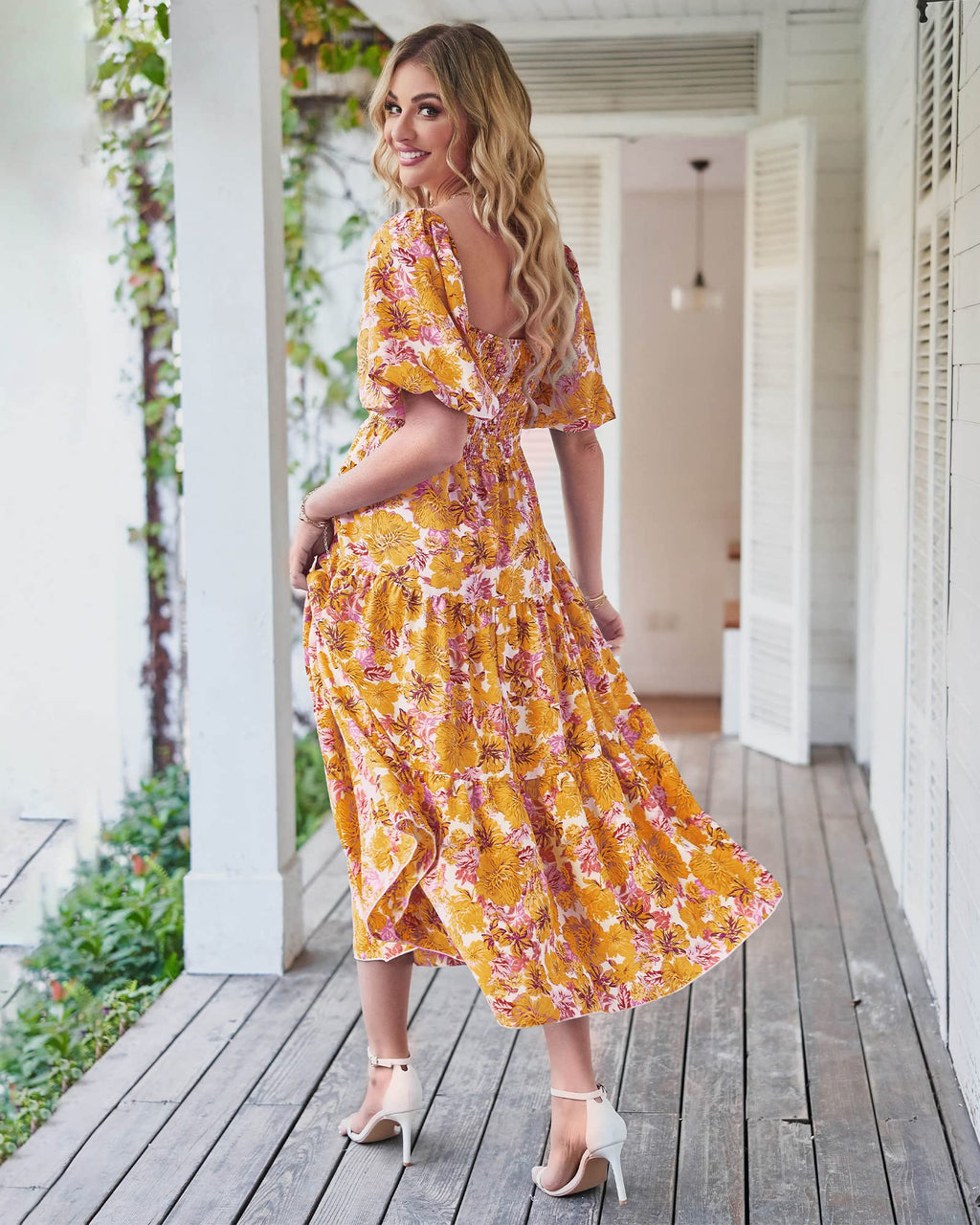 BTFBM Summer Dresses for Women 2026 Spring Outfits Beach Vacation Short Sleeve Smocked Boho Casual Floral Maxi Dress