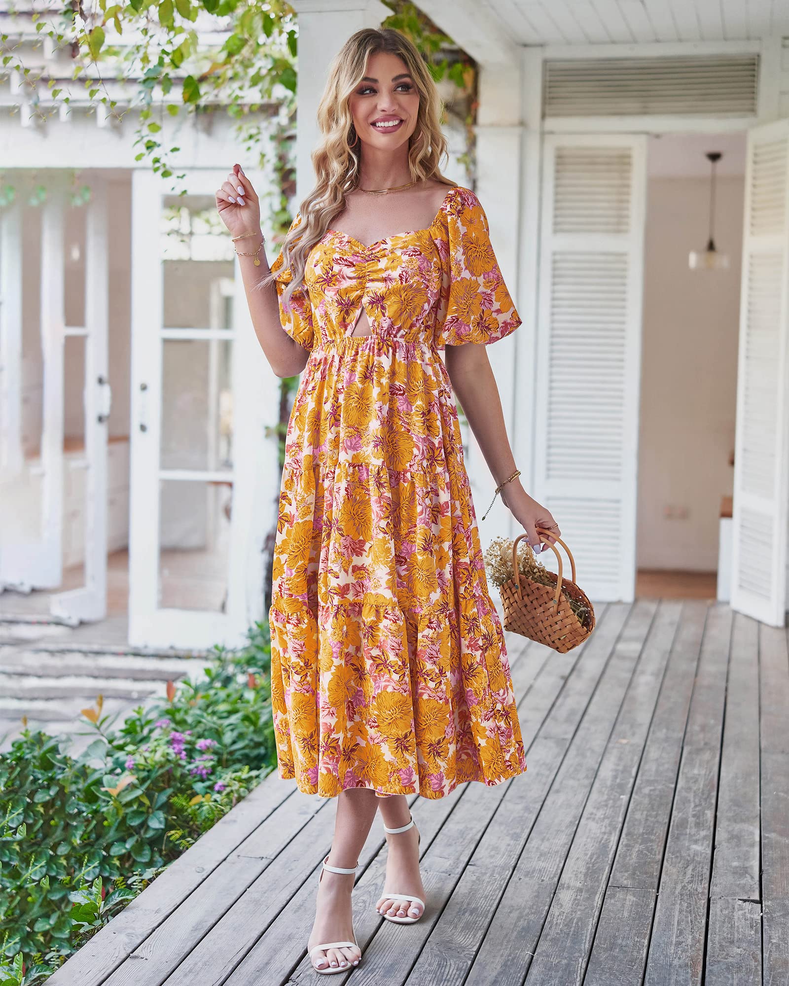 BTFBM Summer Dresses for Women 2026 Spring Outfits Beach Vacation Short Sleeve Smocked Boho Casual Floral Maxi Dress